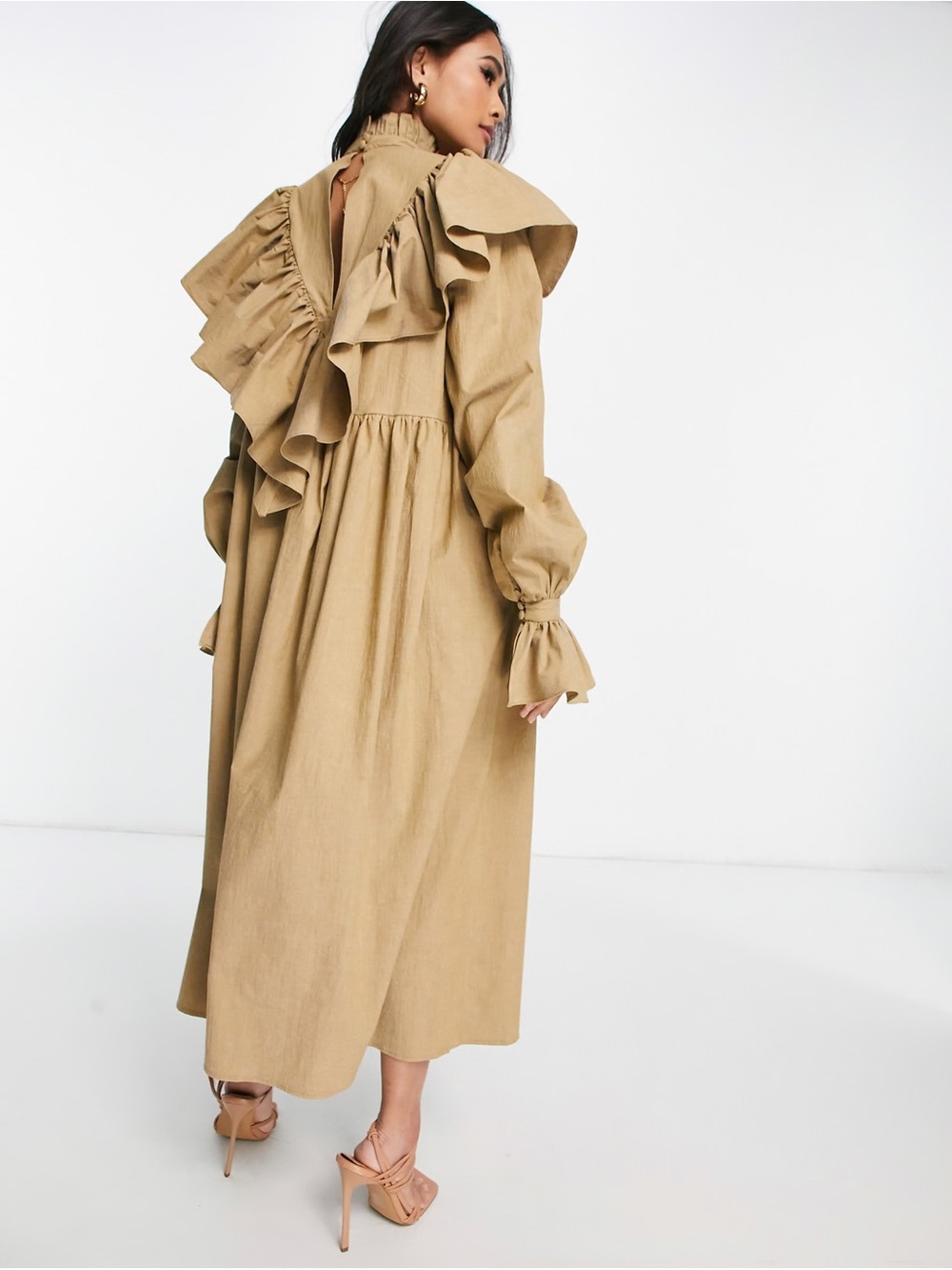 ASOS EDITION Camel Ruffle Prairie Midi Dress Size US 10 - Picture 2 of 7